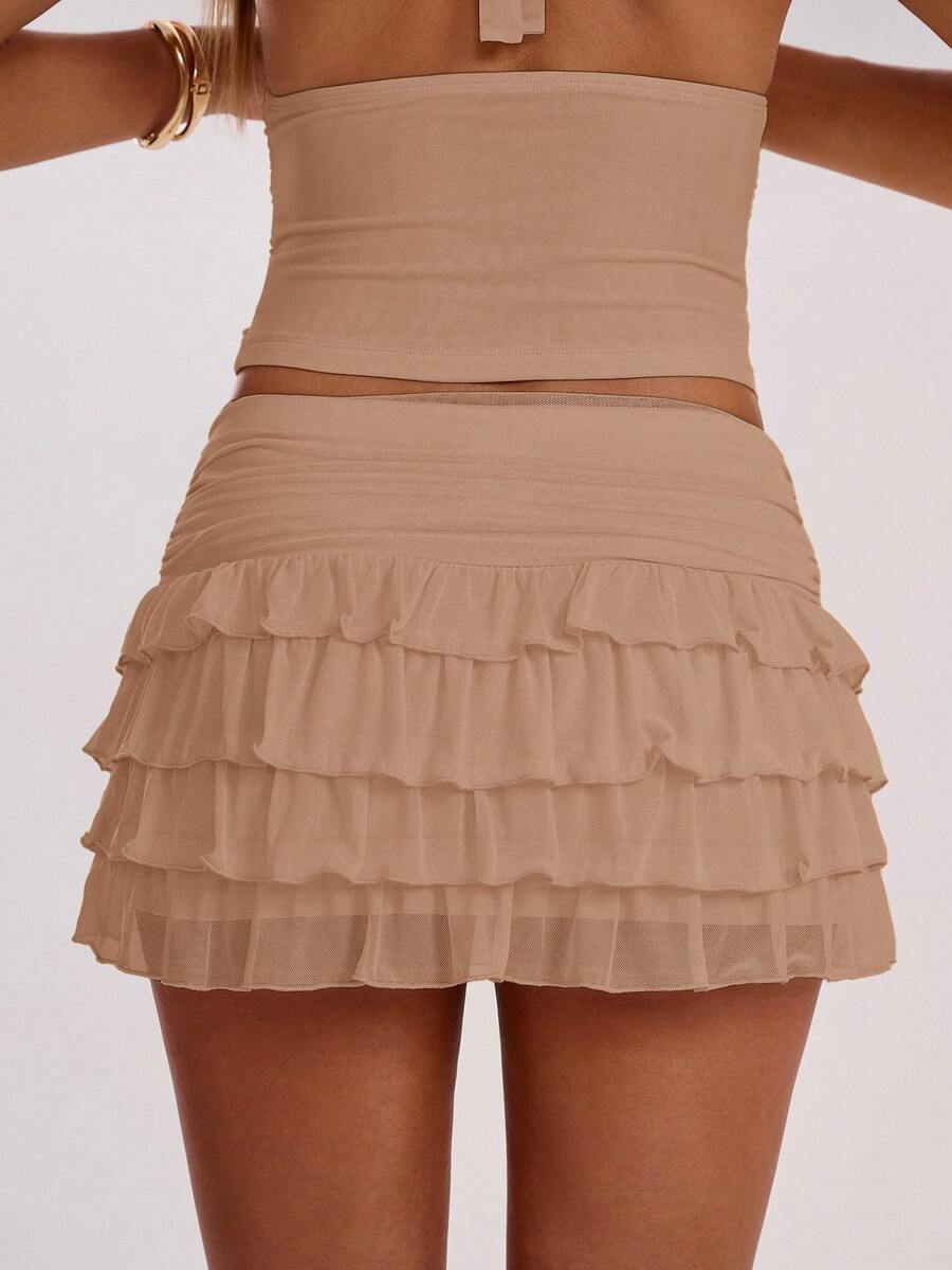 SHEIN BAE Women's Fashionable Sexy Multi-Layer Ruffle Hem Mini Skirt, Summer,Valentine's Day,Valentine Outfits For Women