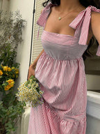 SHEIN Unity Blue Striped Square Neck High Waist Sleeveless Backless Spaghetti Strap Drawstring Maxi Dress, Sexy & Vacation Style, Spring/Summer