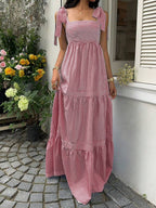 SHEIN Unity Blue Striped Square Neck High Waist Sleeveless Backless Spaghetti Strap Drawstring Maxi Dress, Sexy & Vacation Style, Spring/Summer