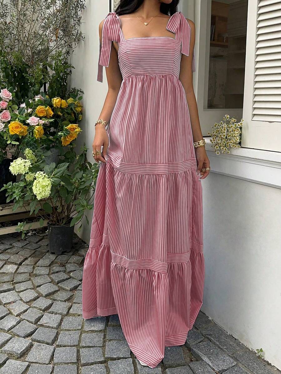 SHEIN Unity Blue Striped Square Neck High Waist Sleeveless Backless Spaghetti Strap Drawstring Maxi Dress, Sexy & Vacation Style, Spring/Summer