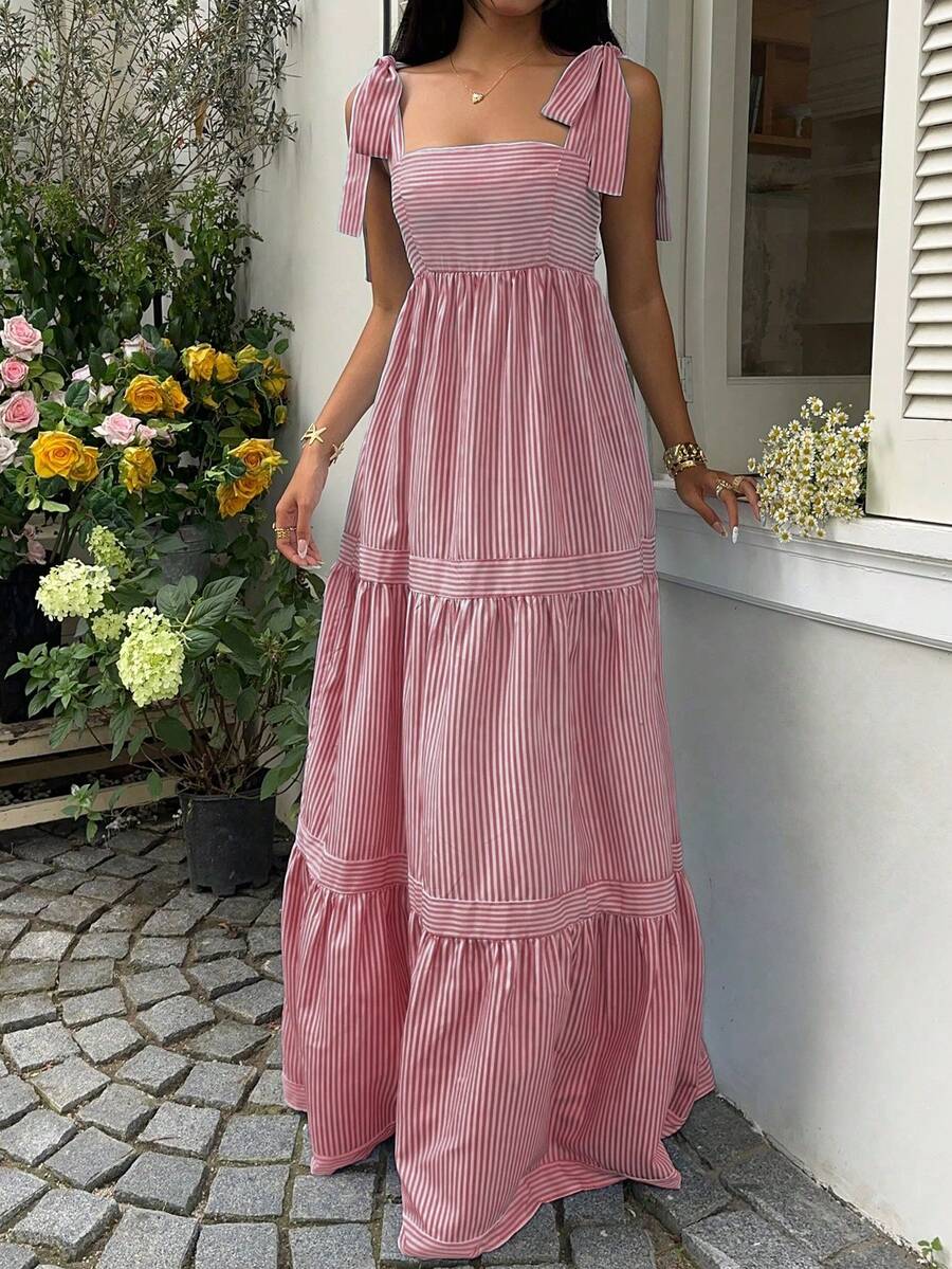 SHEIN Unity Blue Striped Square Neck High Waist Sleeveless Backless Spaghetti Strap Drawstring Maxi Dress, Sexy & Vacation Style, Spring/Summer