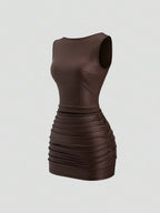Sweetra New Fashion Wine Red Coated Elastic Fabric Off Shoulder Ruched Waist Slim Fit Mini Dress, High Neck Ruffle Detail, Suitable For Club Party, Cocktail, Commute, Daily Wear In Autumn/Winter