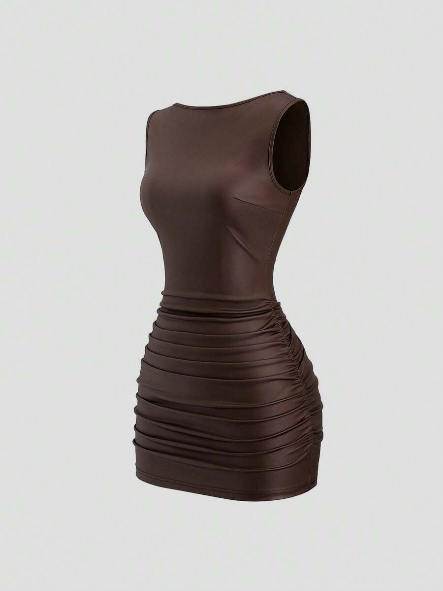 Sweetra New Fashion Wine Red Coated Elastic Fabric Off Shoulder Ruched Waist Slim Fit Mini Dress, High Neck Ruffle Detail, Suitable For Club Party, Cocktail, Commute, Daily Wear In Autumn/Winter