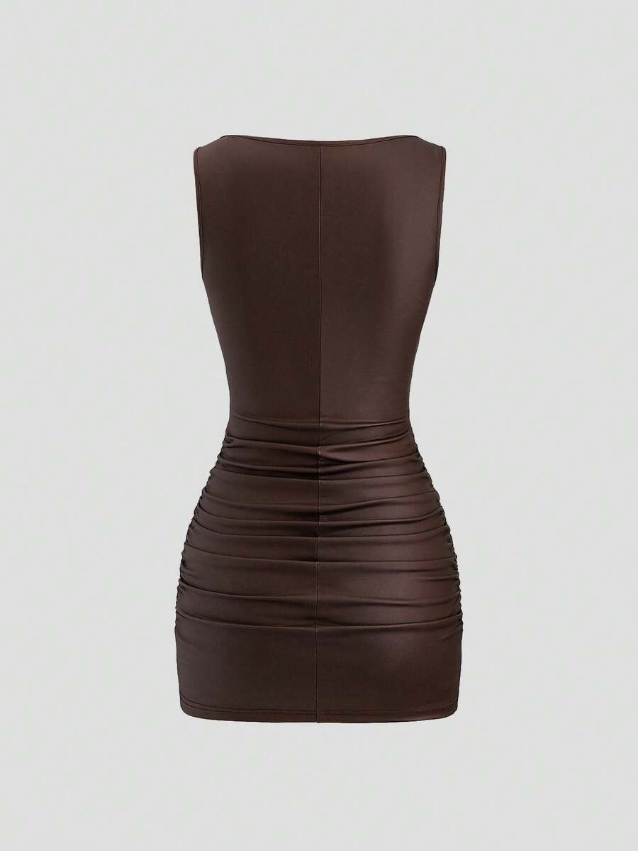 Sweetra New Fashion Wine Red Coated Elastic Fabric Off Shoulder Ruched Waist Slim Fit Mini Dress, High Neck Ruffle Detail, Suitable For Club Party, Cocktail, Commute, Daily Wear In Autumn/Winter