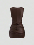 Sweetra New Fashion Wine Red Coated Elastic Fabric Off Shoulder Ruched Waist Slim Fit Mini Dress, High Neck Ruffle Detail, Suitable For Club Party, Cocktail, Commute, Daily Wear In Autumn/Winter