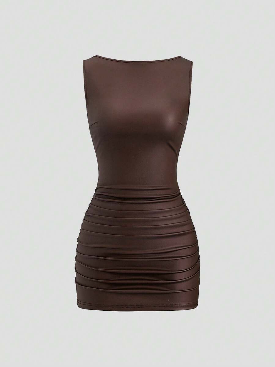 Sweetra New Fashion Wine Red Coated Elastic Fabric Off Shoulder Ruched Waist Slim Fit Mini Dress, High Neck Ruffle Detail, Suitable For Club Party, Cocktail, Commute, Daily Wear In Autumn/Winter