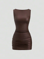 Sweetra New Fashion Wine Red Coated Elastic Fabric Off Shoulder Ruched Waist Slim Fit Mini Dress, High Neck Ruffle Detail, Suitable For Club Party, Cocktail, Commute, Daily Wear In Autumn/Winter