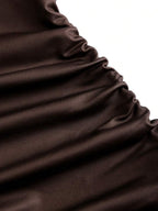 Sweetra New Fashion Wine Red Coated Elastic Fabric Off Shoulder Ruched Waist Slim Fit Mini Dress, High Neck Ruffle Detail, Suitable For Club Party, Cocktail, Commute, Daily Wear In Autumn/Winter