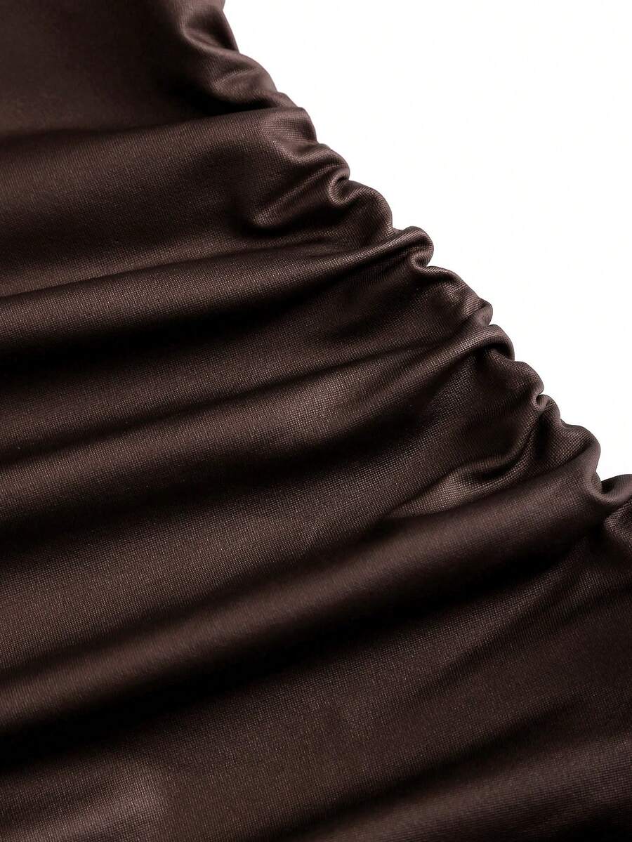 Sweetra New Fashion Wine Red Coated Elastic Fabric Off Shoulder Ruched Waist Slim Fit Mini Dress, High Neck Ruffle Detail, Suitable For Club Party, Cocktail, Commute, Daily Wear In Autumn/Winter