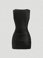 Sweetra New Fashion Wine Red Coated Elastic Fabric Off Shoulder Ruched Waist Slim Fit Mini Dress, High Neck Ruffle Detail, Suitable For Club Party, Cocktail, Commute, Daily Wear In Autumn/Winter