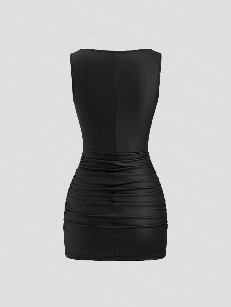 Sweetra New Fashion Wine Red Coated Elastic Fabric Off Shoulder Ruched Waist Slim Fit Mini Dress, High Neck Ruffle Detail, Suitable For Club Party, Cocktail, Commute, Daily Wear In Autumn/Winter