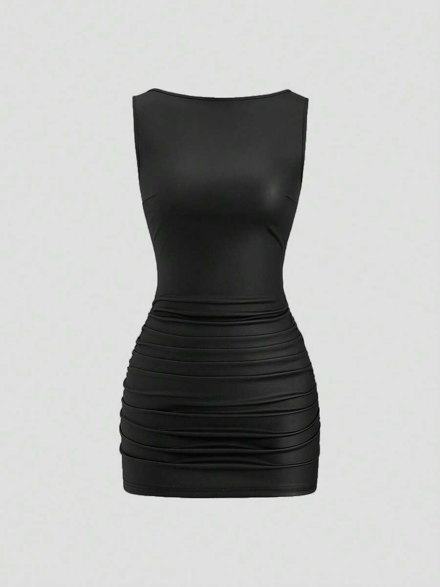 Sweetra New Fashion Wine Red Coated Elastic Fabric Off Shoulder Ruched Waist Slim Fit Mini Dress, High Neck Ruffle Detail, Suitable For Club Party, Cocktail, Commute, Daily Wear In Autumn/Winter