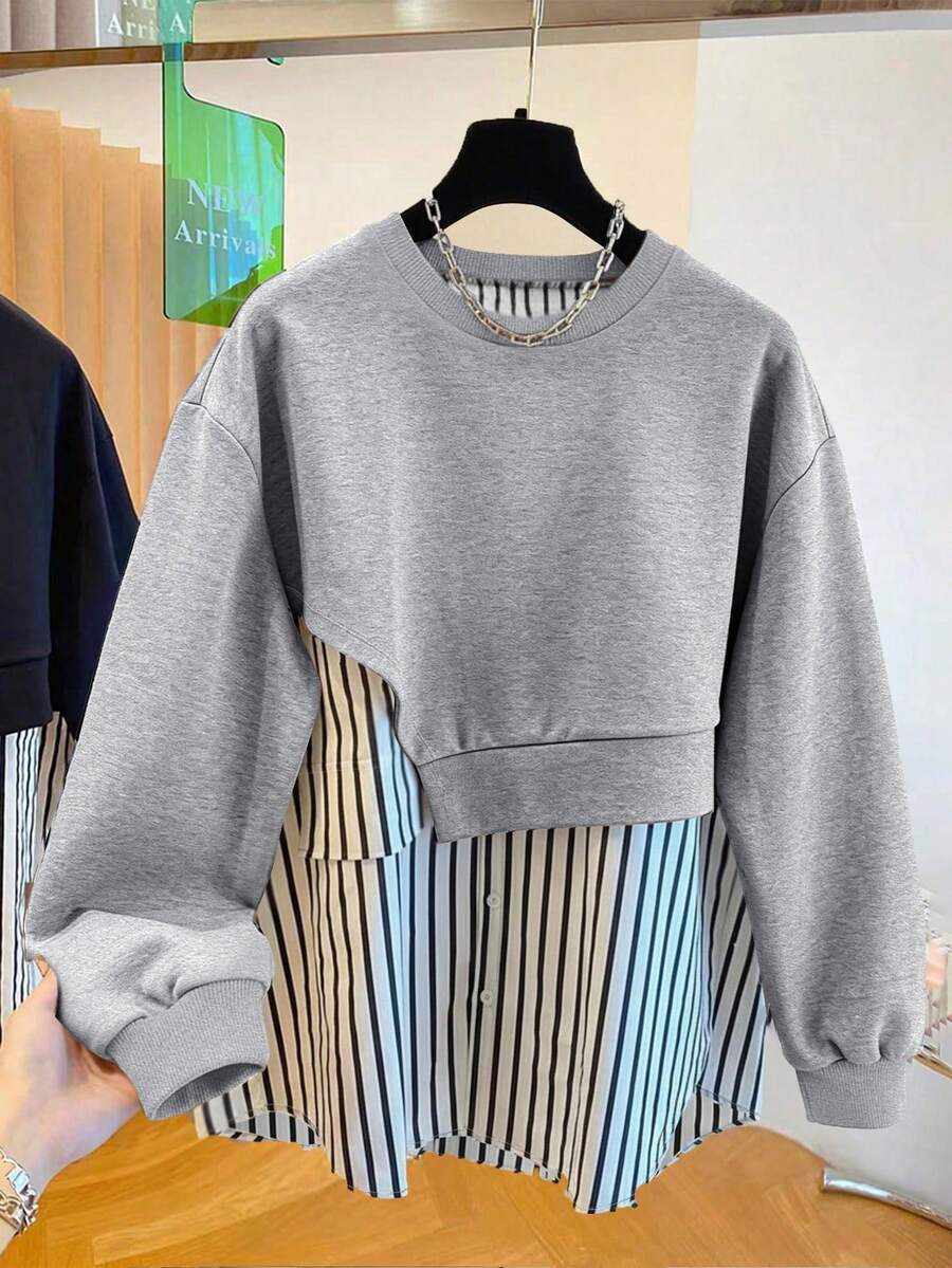 Resyla Women's Casual Everyday Striped Patchwork Crew Neck Sweatshirt, Autumn