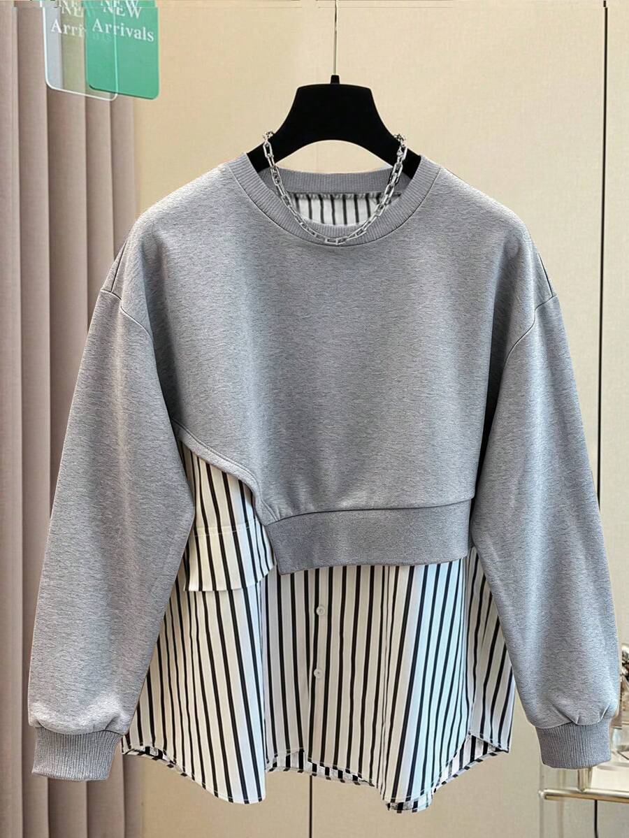 Resyla Women's Casual Everyday Striped Patchwork Crew Neck Sweatshirt, Autumn