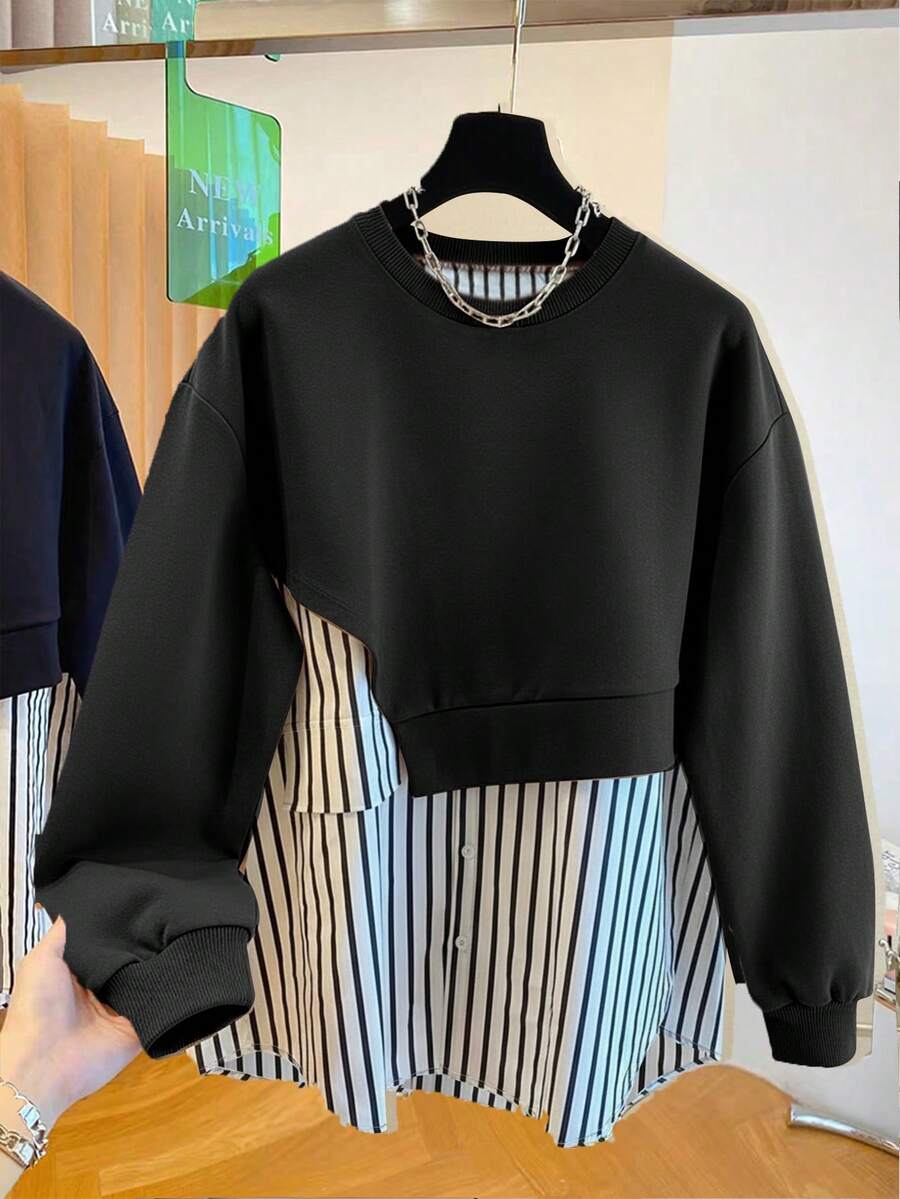 Resyla Women's Casual Everyday Striped Patchwork Crew Neck Sweatshirt, Autumn