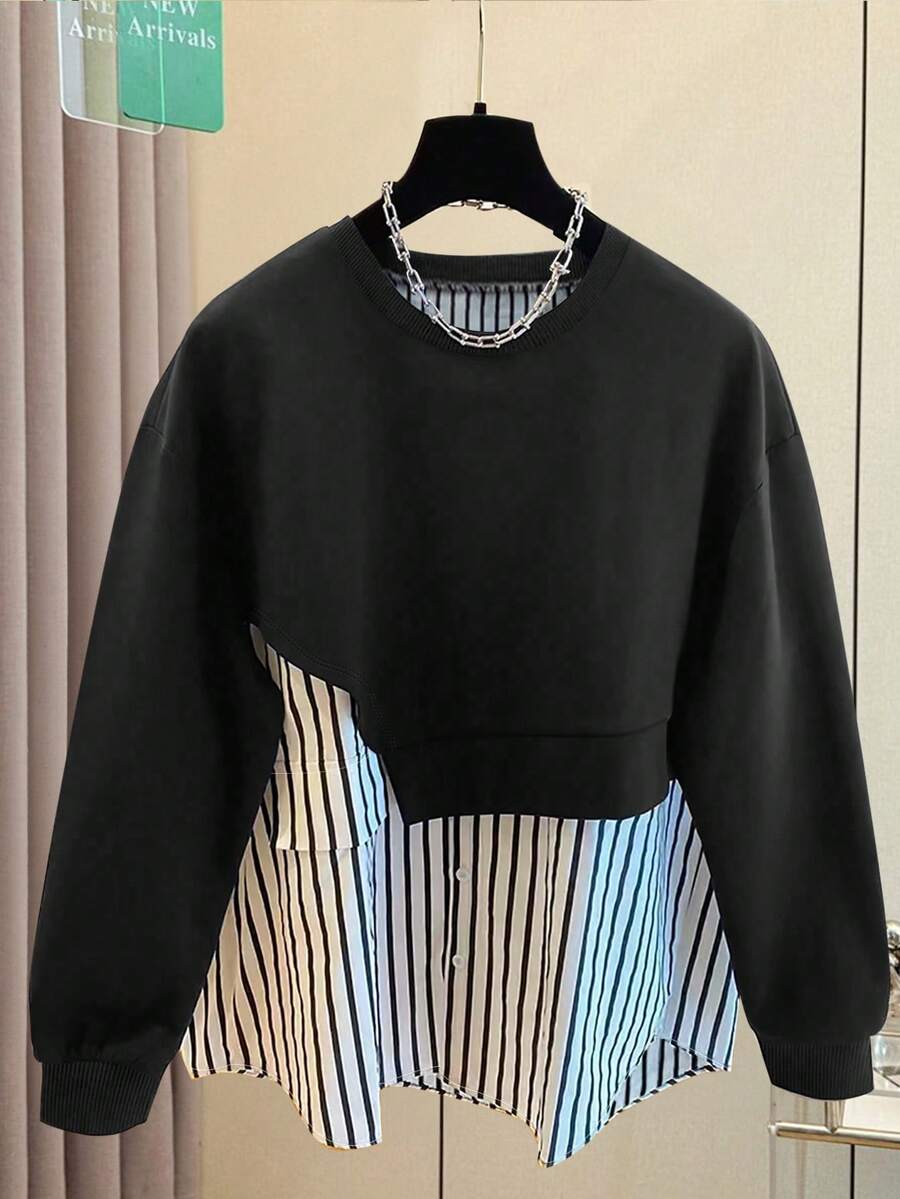 Resyla Women's Casual Everyday Striped Patchwork Crew Neck Sweatshirt, Autumn