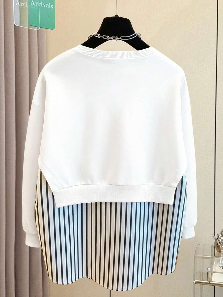 Resyla Women's Casual Everyday Striped Patchwork Crew Neck Sweatshirt, Autumn