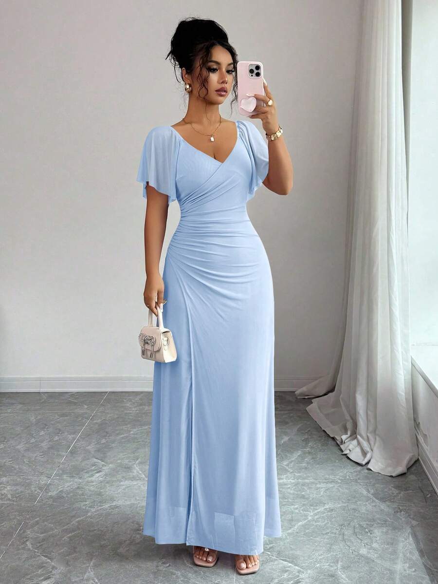 Elenzga Women's Light Purple V-Neck Ruffle Sleeve Pleated Waist Split Dress, Elegant Bridesmaid Dress, Party Gown, Spring/Summer