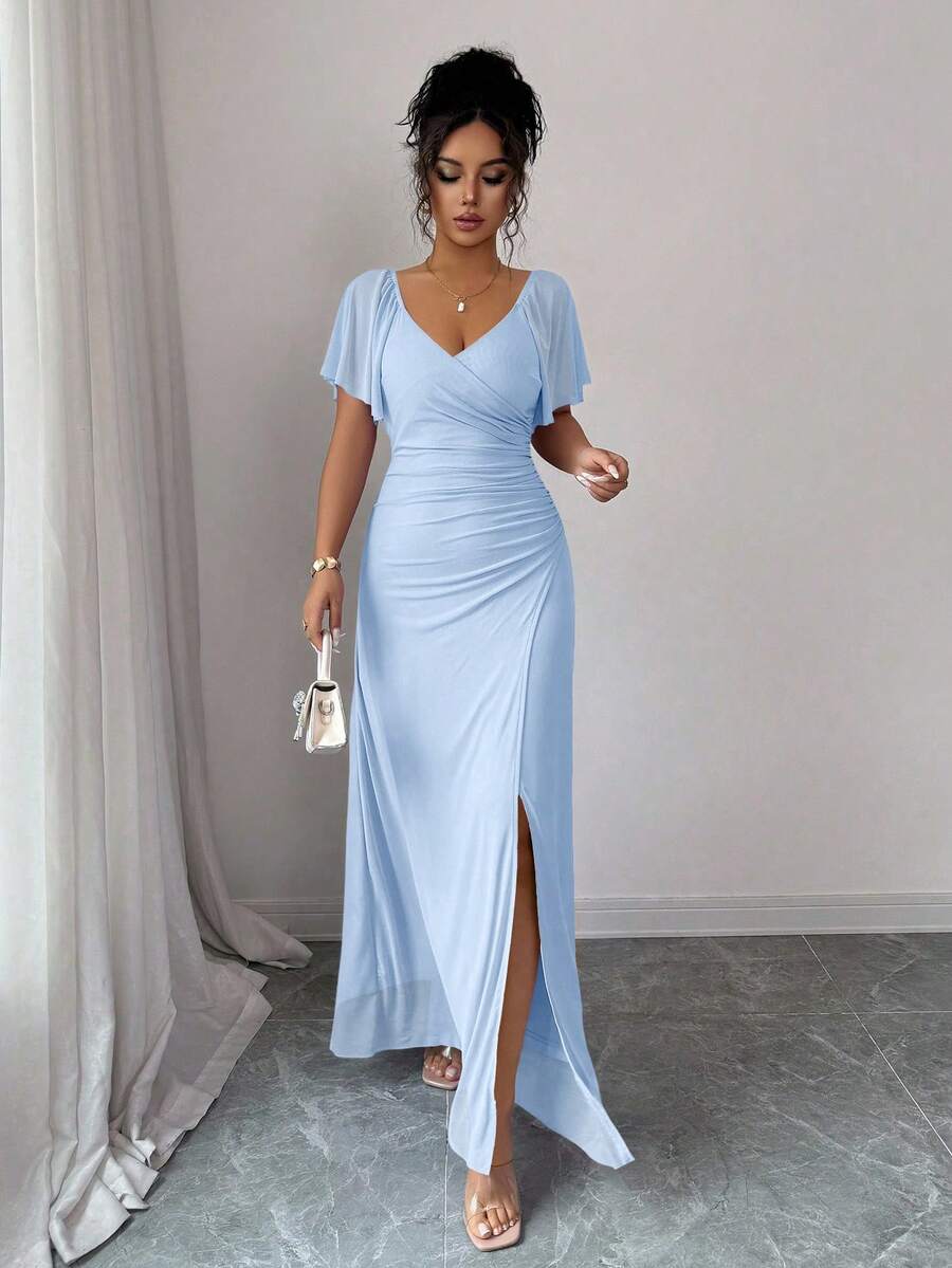Elenzga Women's Light Purple V-Neck Ruffle Sleeve Pleated Waist Split Dress, Elegant Bridesmaid Dress, Party Gown, Spring/Summer