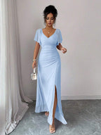 Elenzga Women's Light Purple V-Neck Ruffle Sleeve Pleated Waist Split Dress, Elegant Bridesmaid Dress, Party Gown, Spring/Summer