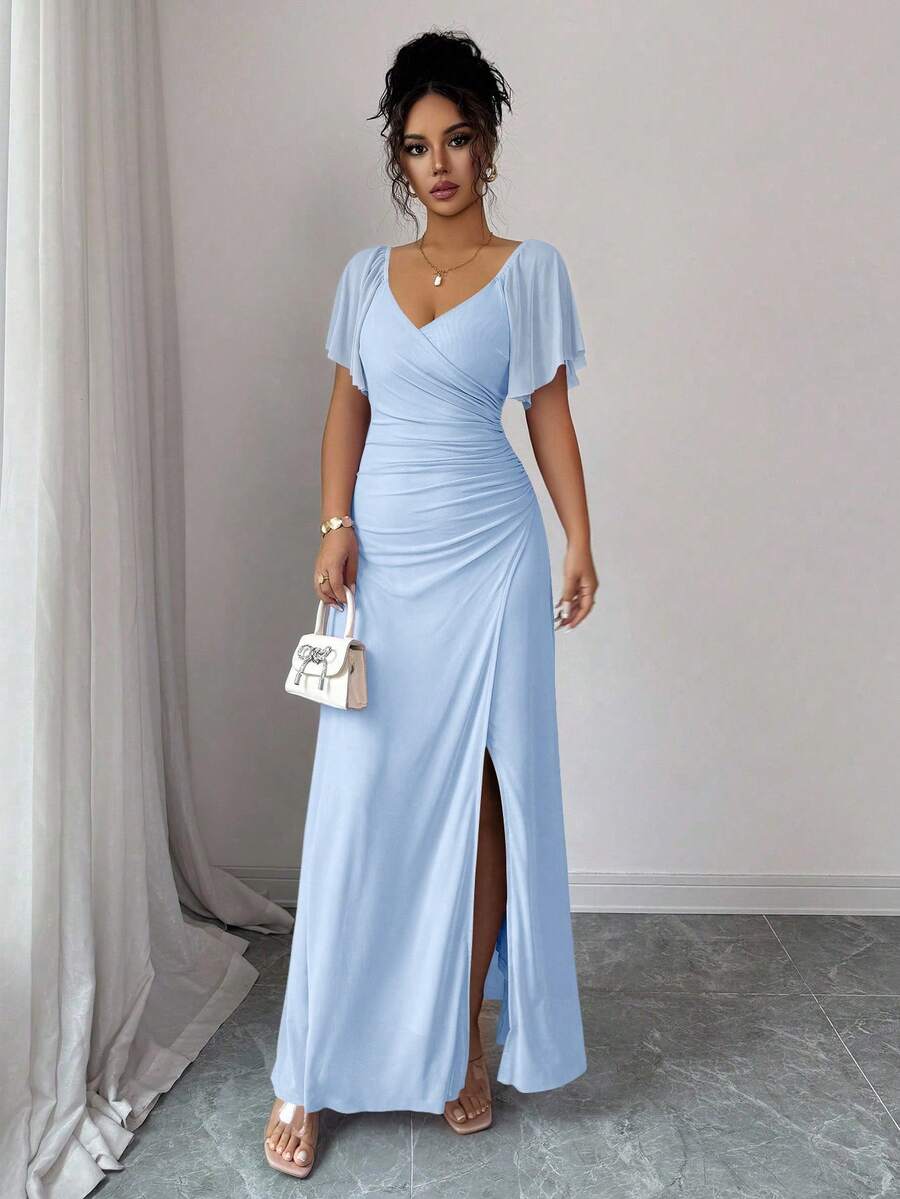 Elenzga Women's Light Purple V-Neck Ruffle Sleeve Pleated Waist Split Dress, Elegant Bridesmaid Dress, Party Gown, Spring/Summer
