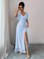 Elenzga Women's Light Purple V-Neck Ruffle Sleeve Pleated Waist Split Dress, Elegant Bridesmaid Dress, Party Gown, Spring/Summer