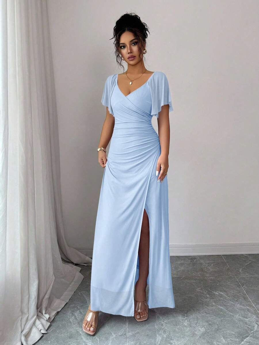 Elenzga Women's Light Purple V-Neck Ruffle Sleeve Pleated Waist Split Dress, Elegant Bridesmaid Dress, Party Gown, Spring/Summer