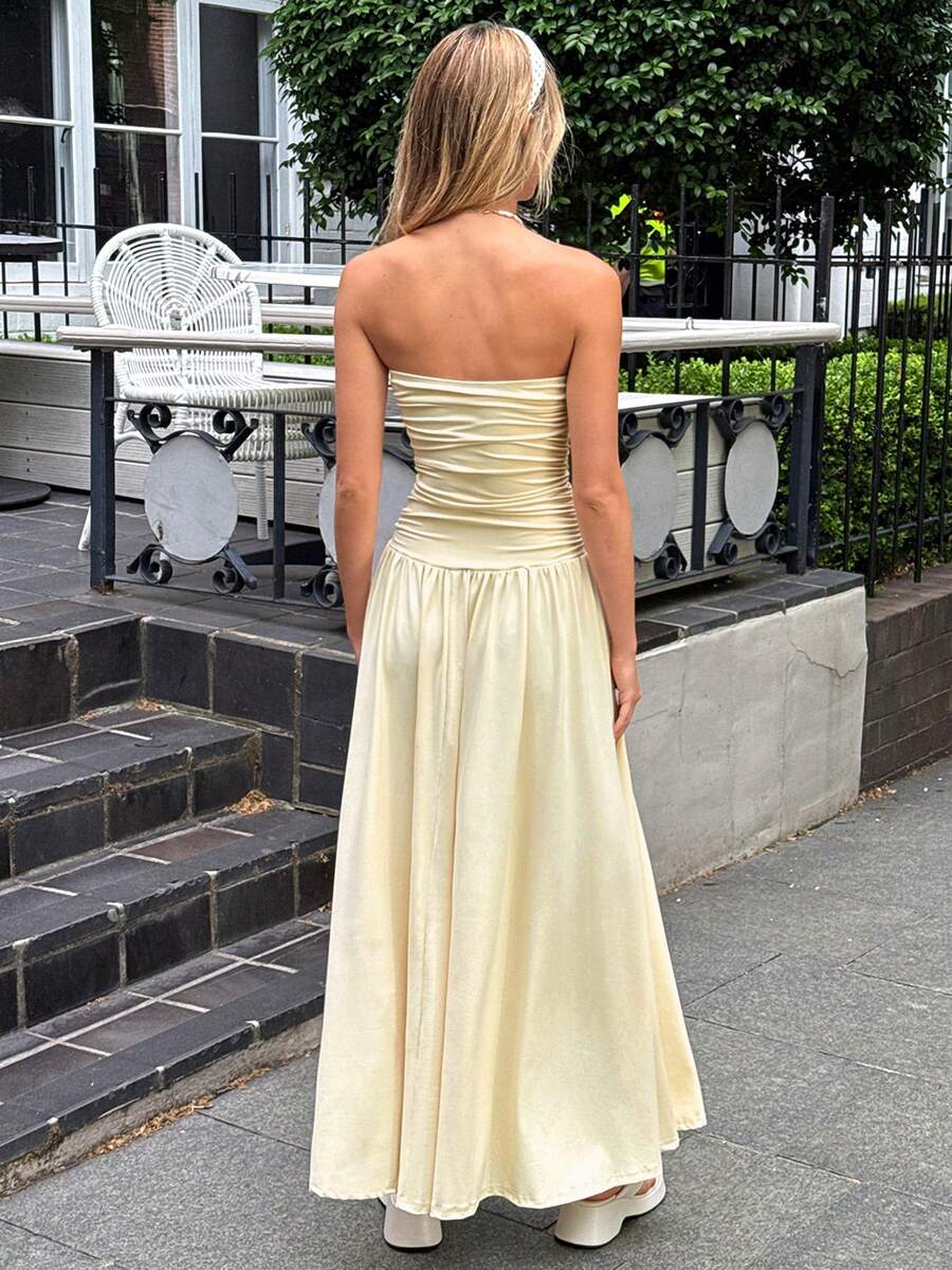 MainGRL Women's Casual Long Dress In Beige Color, Summer,Butter Yellow Dress