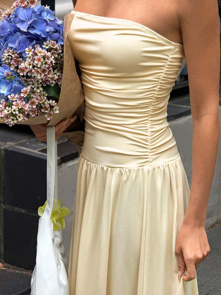 MainGRL Women's Casual Long Dress In Beige Color, Summer,Butter Yellow Dress