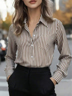 Women's Casual Basic Striped Pointed Collar Long Sleeve Shirt Blouse With Button Pockets, Suitable For Daily Office Wear, Autumn/Winter/Spring