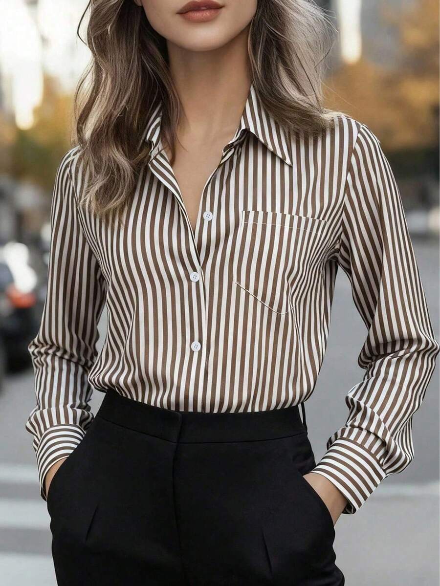 Women's Casual Basic Striped Pointed Collar Long Sleeve Shirt Blouse With Button Pockets, Suitable For Daily Office Wear, Autumn/Winter/Spring