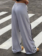 Muchica Women's White Striped Knitted Sweatpants Extra Long Straight Leg Pink Side Stripe Loose Fit Casual Track Pants For Everyday Wear White Beach Pants White Wide Leg Pants Women Wide Pants Wide Leg Summer Pants Palazzo Pants Women White Track Pants Women