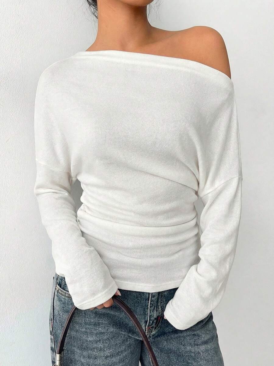 Aloruh Grey Knit Oblique Shoulder Casual Commuter Top, Autumn,Solid Color T-Shirt,Long-Sleeved T-Shirt,Old Money Style,Simple,Commuting,Business Casual Outfits Women,Office Outfits For Women,Work Tops,Fall Clothes,Autumn Outfits For Women,Off The Shoulder Top