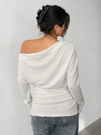 Aloruh Grey Knit Oblique Shoulder Casual Commuter Top, Autumn,Solid Color T-Shirt,Long-Sleeved T-Shirt,Old Money Style,Simple,Commuting,Business Casual Outfits Women,Office Outfits For Women,Work Tops,Fall Clothes,Autumn Outfits For Women,Off The Shoulder Top