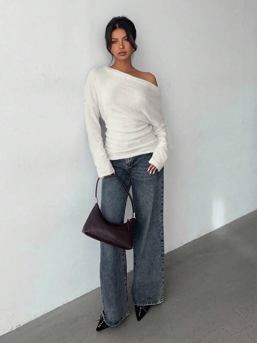 Aloruh Grey Knit Oblique Shoulder Casual Commuter Top, Autumn,Solid Color T-Shirt,Long-Sleeved T-Shirt,Old Money Style,Simple,Commuting,Business Casual Outfits Women,Office Outfits For Women,Work Tops,Fall Clothes,Autumn Outfits For Women,Off The Shoulder Top