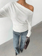 Aloruh Grey Knit Oblique Shoulder Casual Commuter Top, Autumn,Solid Color T-Shirt,Long-Sleeved T-Shirt,Old Money Style,Simple,Commuting,Business Casual Outfits Women,Office Outfits For Women,Work Tops,Fall Clothes,Autumn Outfits For Women,Off The Shoulder Top