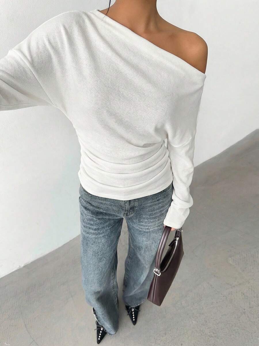 Aloruh Grey Knit Oblique Shoulder Casual Commuter Top, Autumn,Solid Color T-Shirt,Long-Sleeved T-Shirt,Old Money Style,Simple,Commuting,Business Casual Outfits Women,Office Outfits For Women,Work Tops,Fall Clothes,Autumn Outfits For Women,Off The Shoulder Top