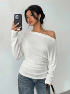 Aloruh Grey Knit Oblique Shoulder Casual Commuter Top, Autumn,Solid Color T-Shirt,Long-Sleeved T-Shirt,Old Money Style,Simple,Commuting,Business Casual Outfits Women,Office Outfits For Women,Work Tops,Fall Clothes,Autumn Outfits For Women,Off The Shoulder Top