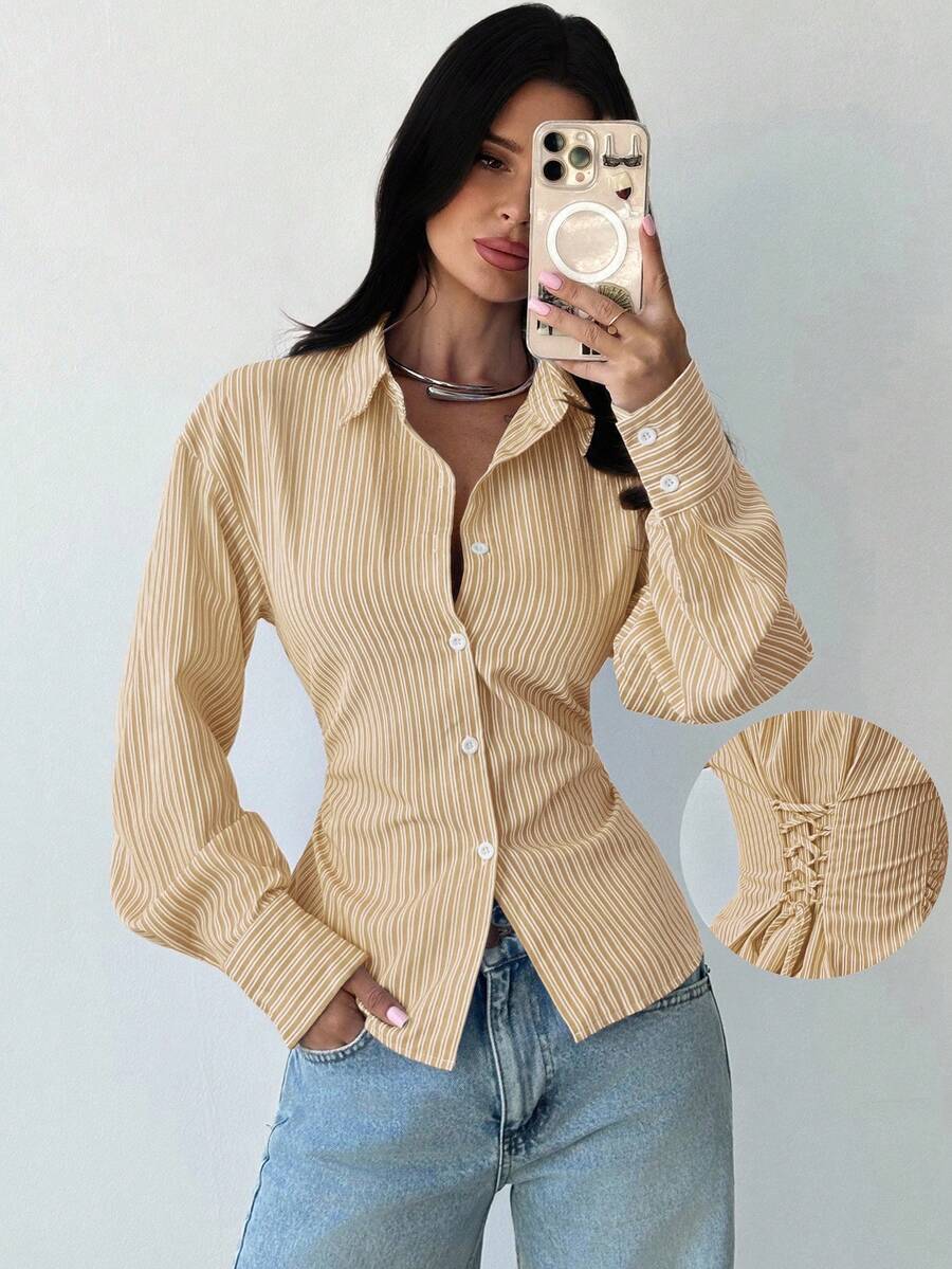 Firerie Women's Blue And White Striped Long Sleeve Shirt, Tie-Waist Shirt, Casual Commuter Shirt, Vacation Shirt, Cinched Waist Striped Shirt, Suitable For Spring, Summer, Autumn And Winter, Elegant, Vacation, Bohemian, Work Attire