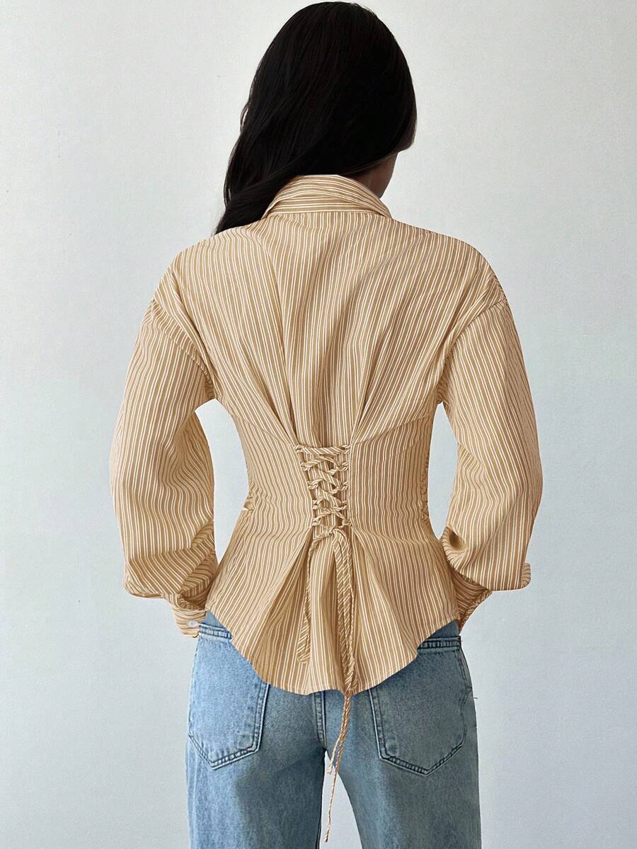 Firerie Women's Blue And White Striped Long Sleeve Shirt, Tie-Waist Shirt, Casual Commuter Shirt, Vacation Shirt, Cinched Waist Striped Shirt, Suitable For Spring, Summer, Autumn And Winter, Elegant, Vacation, Bohemian, Work Attire