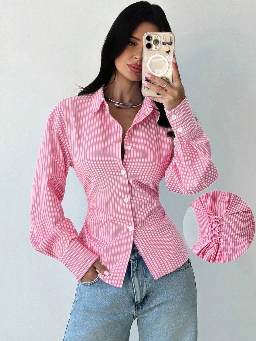 Firerie Women's Blue And White Striped Long Sleeve Shirt, Tie-Waist Shirt, Casual Commuter Shirt, Vacation Shirt, Cinched Waist Striped Shirt, Suitable For Spring, Summer, Autumn And Winter, Elegant, Vacation, Bohemian, Work Attire