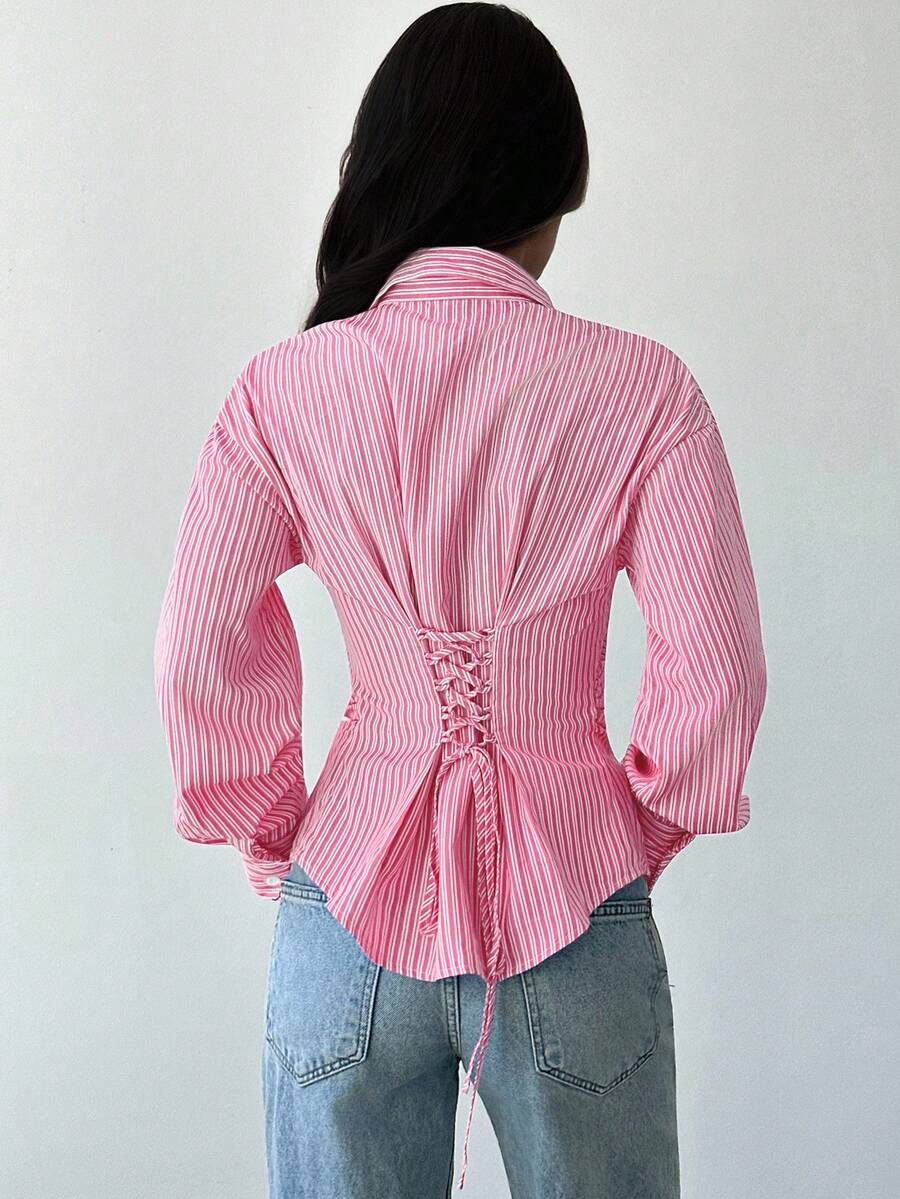Firerie Women's Blue And White Striped Long Sleeve Shirt, Tie-Waist Shirt, Casual Commuter Shirt, Vacation Shirt, Cinched Waist Striped Shirt, Suitable For Spring, Summer, Autumn And Winter, Elegant, Vacation, Bohemian, Work Attire