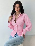 Firerie Women's Blue And White Striped Long Sleeve Shirt, Tie-Waist Shirt, Casual Commuter Shirt, Vacation Shirt, Cinched Waist Striped Shirt, Suitable For Spring, Summer, Autumn And Winter, Elegant, Vacation, Bohemian, Work Attire