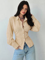 Firerie Women's Blue And White Striped Long Sleeve Shirt, Tie-Waist Shirt, Casual Commuter Shirt, Vacation Shirt, Cinched Waist Striped Shirt, Suitable For Spring, Summer, Autumn And Winter, Elegant, Vacation, Bohemian, Work Attire