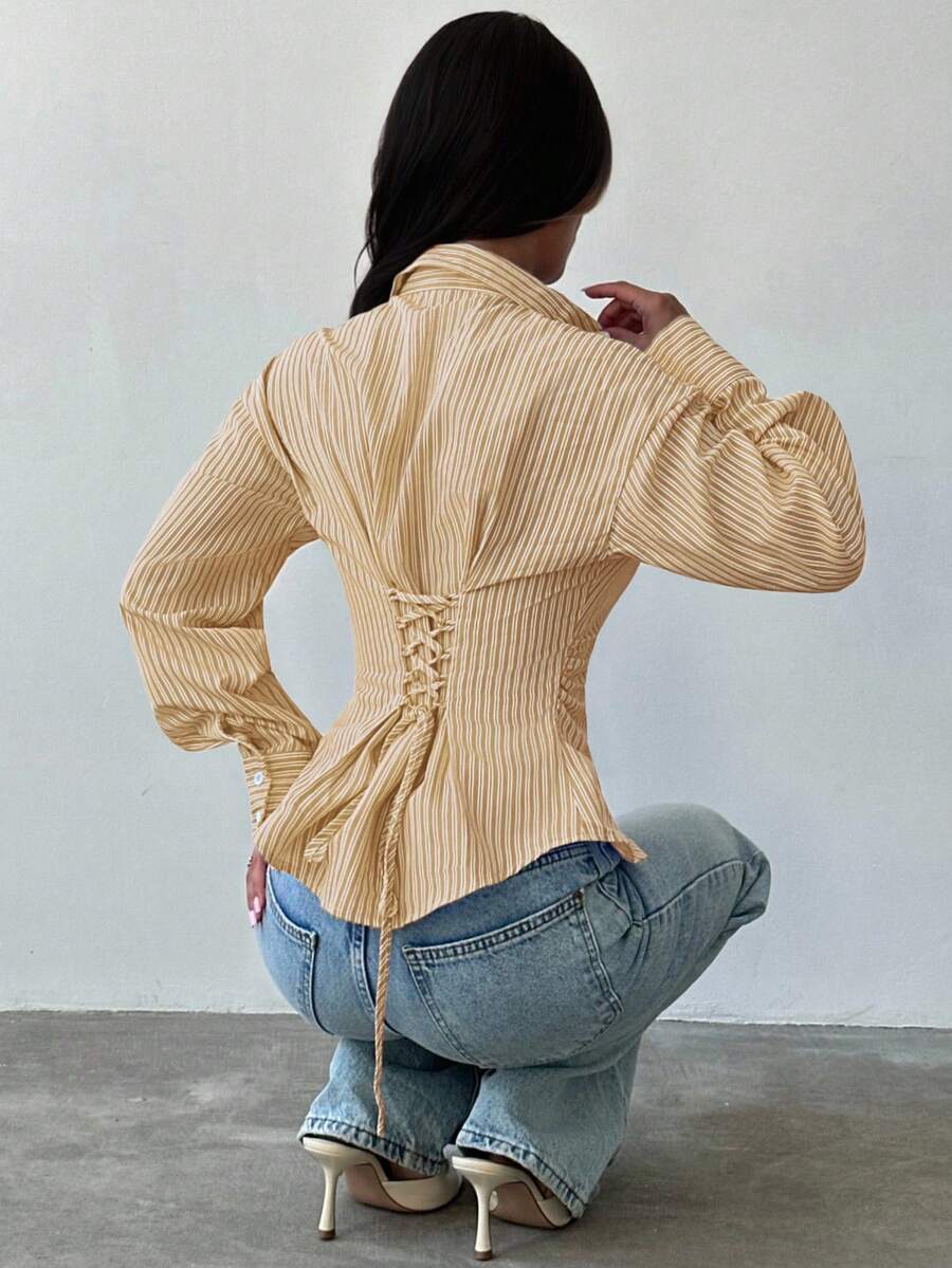 Firerie Women's Blue And White Striped Long Sleeve Shirt, Tie-Waist Shirt, Casual Commuter Shirt, Vacation Shirt, Cinched Waist Striped Shirt, Suitable For Spring, Summer, Autumn And Winter, Elegant, Vacation, Bohemian, Work Attire