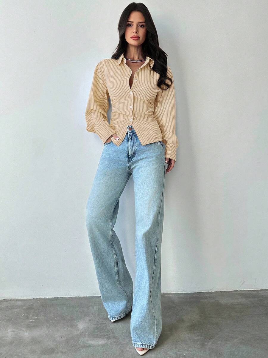 Firerie Women's Blue And White Striped Long Sleeve Shirt, Tie-Waist Shirt, Casual Commuter Shirt, Vacation Shirt, Cinched Waist Striped Shirt, Suitable For Spring, Summer, Autumn And Winter, Elegant, Vacation, Bohemian, Work Attire