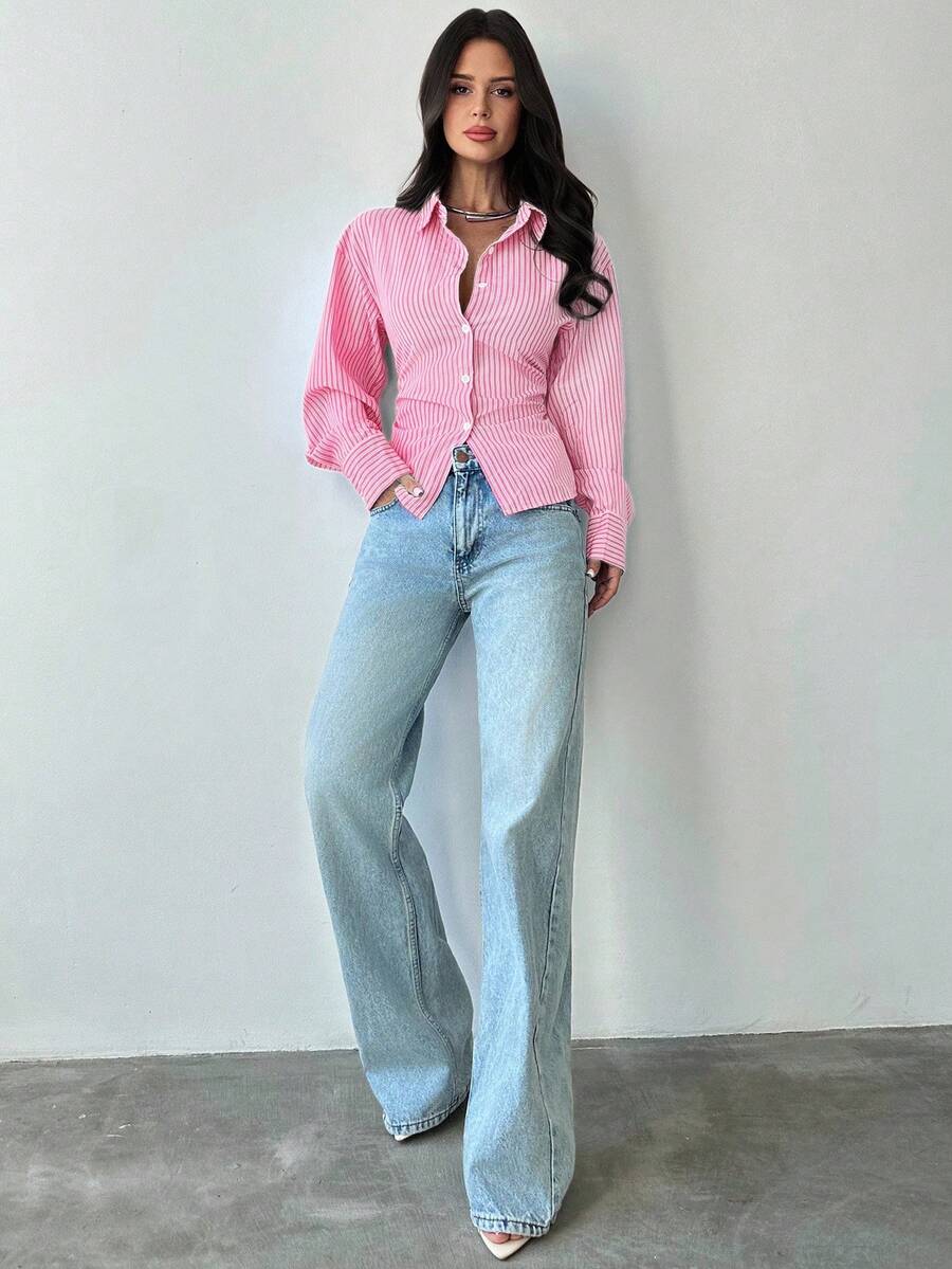 Firerie Women's Blue And White Striped Long Sleeve Shirt, Tie-Waist Shirt, Casual Commuter Shirt, Vacation Shirt, Cinched Waist Striped Shirt, Suitable For Spring, Summer, Autumn And Winter, Elegant, Vacation, Bohemian, Work Attire