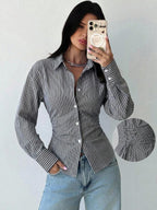 Firerie Women's Blue And White Striped Long Sleeve Shirt, Tie-Waist Shirt, Casual Commuter Shirt, Vacation Shirt, Cinched Waist Striped Shirt, Suitable For Spring, Summer, Autumn And Winter, Elegant, Vacation, Bohemian, Work Attire