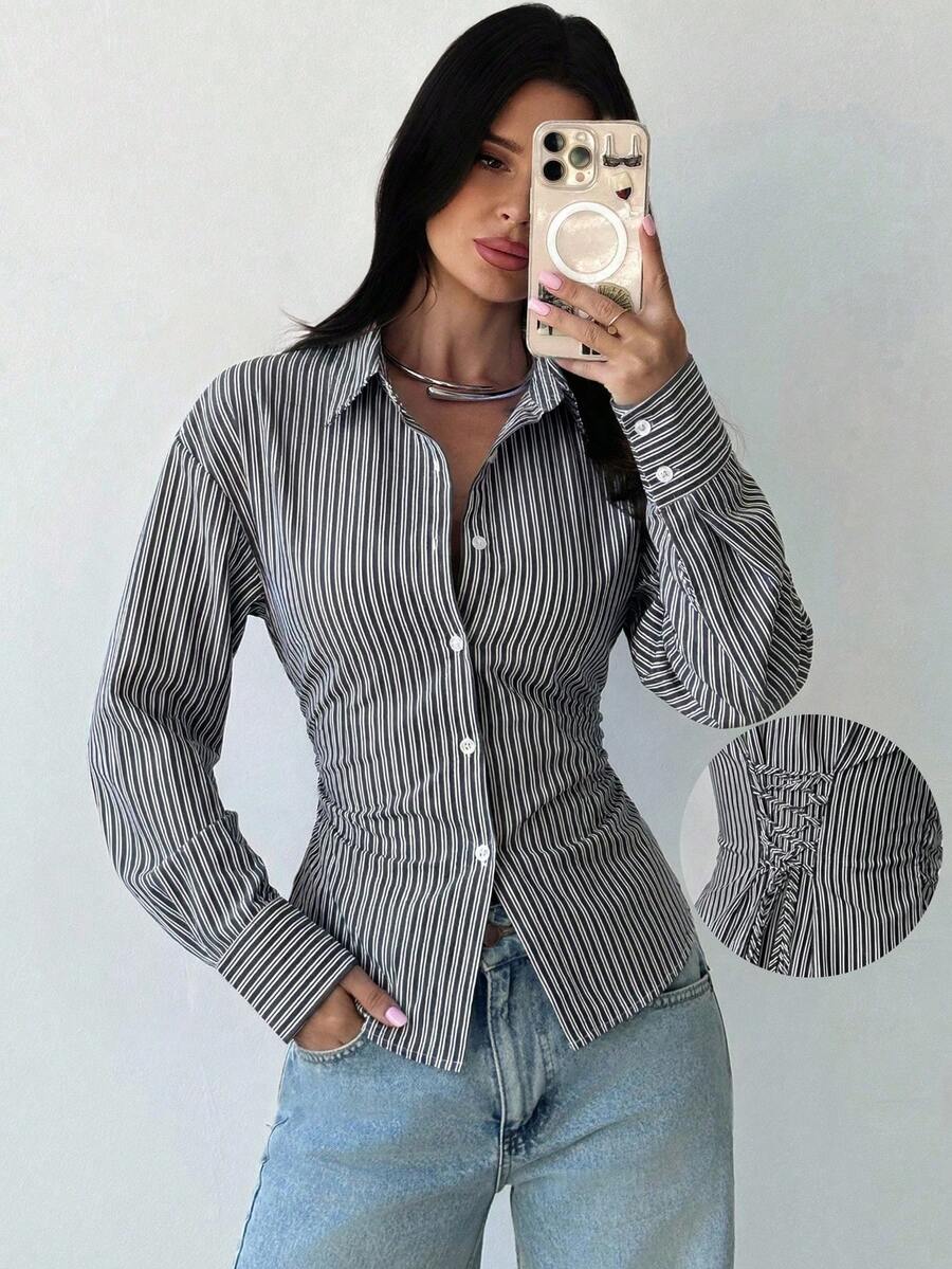 Firerie Women's Blue And White Striped Long Sleeve Shirt, Tie-Waist Shirt, Casual Commuter Shirt, Vacation Shirt, Cinched Waist Striped Shirt, Suitable For Spring, Summer, Autumn And Winter, Elegant, Vacation, Bohemian, Work Attire