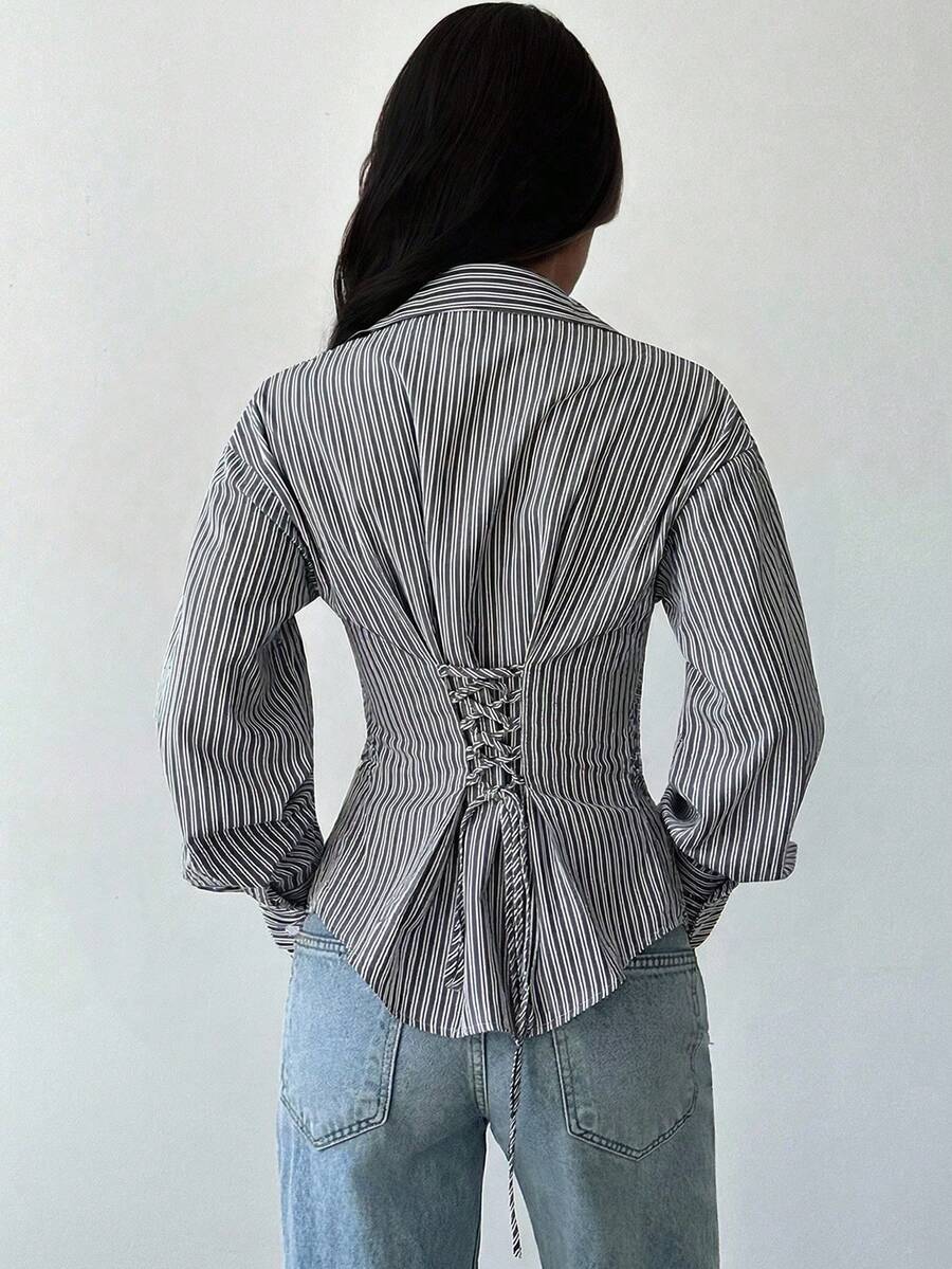 Firerie Women's Blue And White Striped Long Sleeve Shirt, Tie-Waist Shirt, Casual Commuter Shirt, Vacation Shirt, Cinched Waist Striped Shirt, Suitable For Spring, Summer, Autumn And Winter, Elegant, Vacation, Bohemian, Work Attire